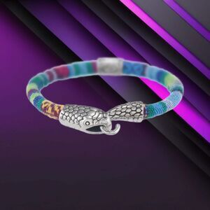 Men's Blue Striped Metal Snake Bracelet Hook Closure